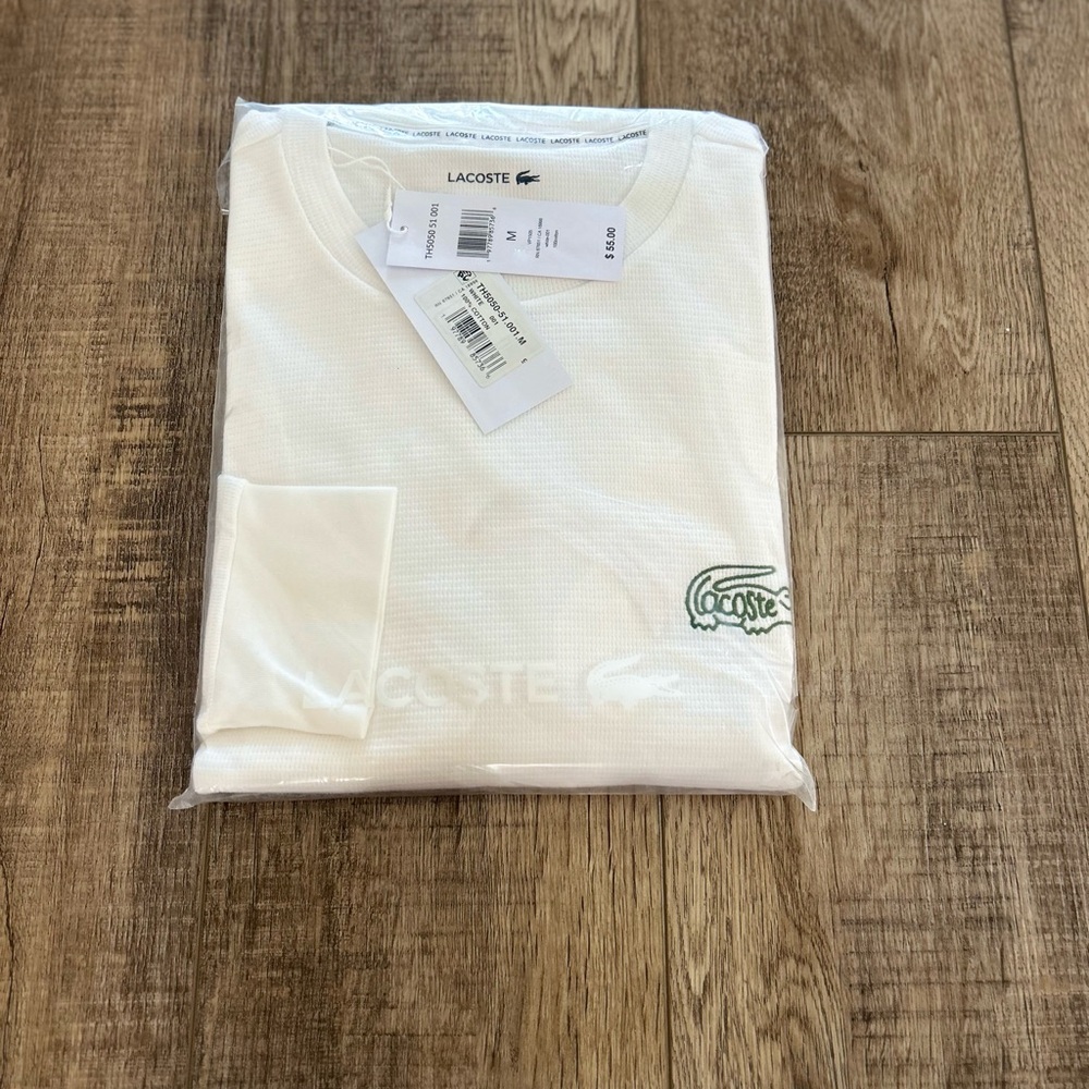 Lacoste Men's Long Sleeve White Waffle Knit Top. Sleepware